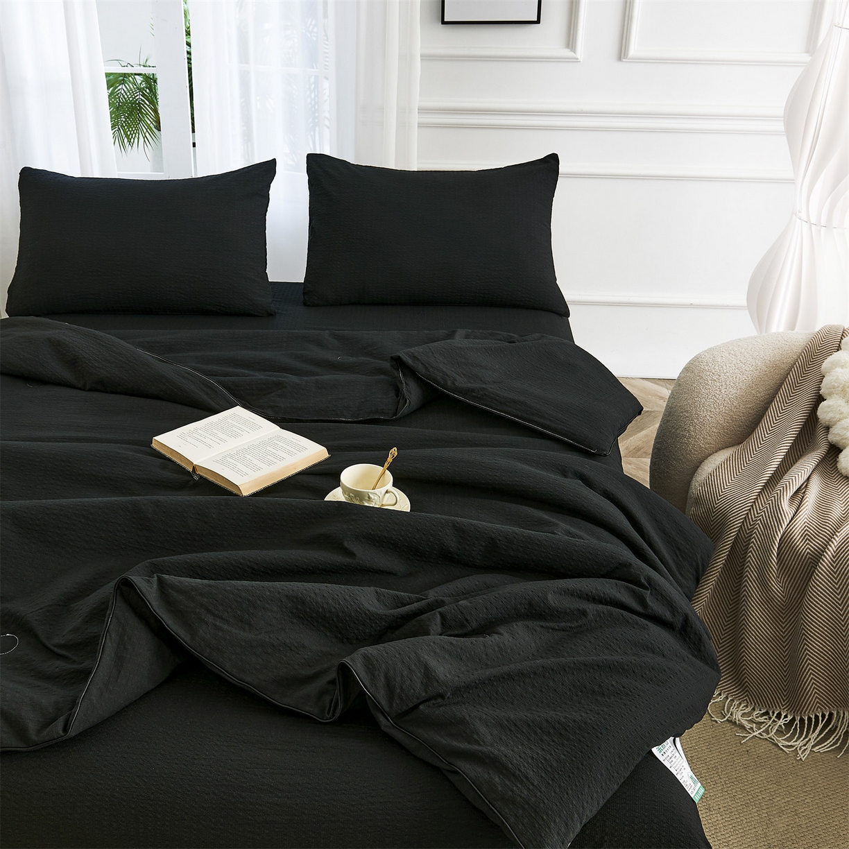 91家纺网 家纺一手货源 找家纺 铺尚美家纺 2026新款泡芙棉夏被四件套泡芙纱单夏被空调被夏凉被-纯色 清爽系列-炫黑