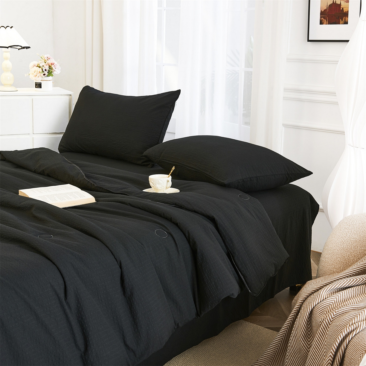 91家纺网 家纺一手货源 找家纺 铺尚美家纺 2026新款泡芙棉夏被四件套泡芙纱单夏被空调被夏凉被-纯色 清爽系列-炫黑