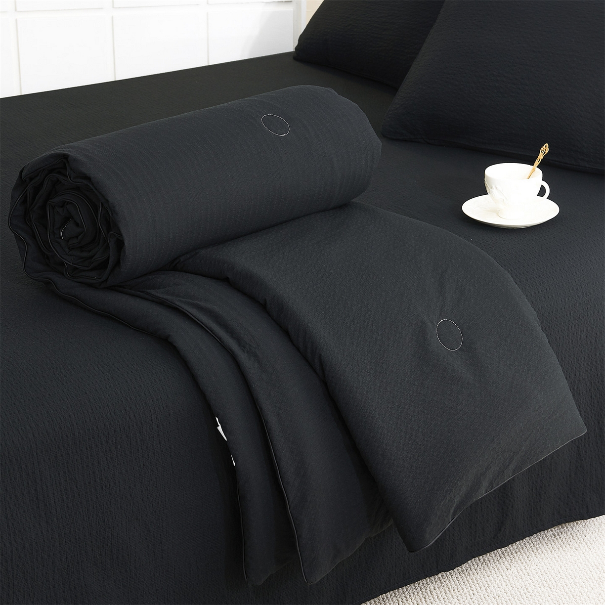 91家纺网 家纺一手货源 找家纺 铺尚美家纺 2026新款泡芙棉夏被四件套泡芙纱单夏被空调被夏凉被-纯色 清爽系列-炫黑