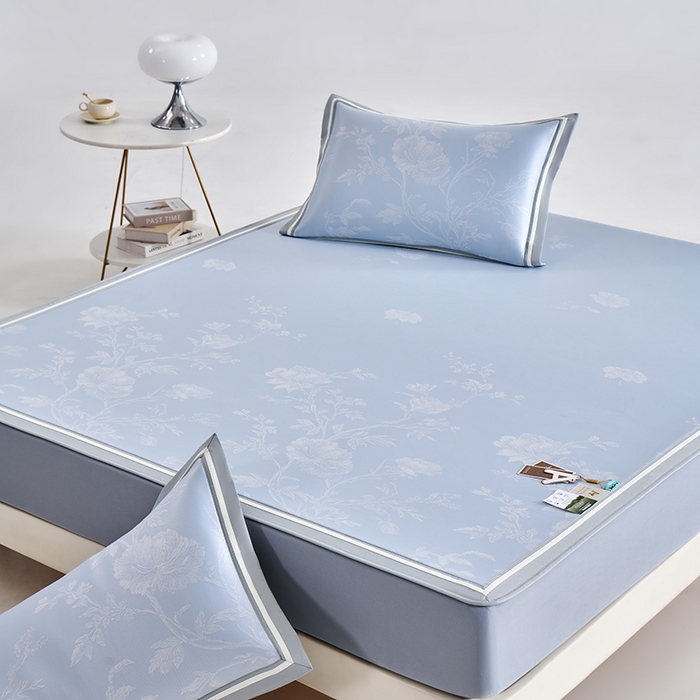 91家纺网 家纺一手货源 找家纺 小牛席业 2026新款牡丹清凉大提花床笠款冰丝席凉席席子藤席竹席豆豆席乳胶席 蓝色