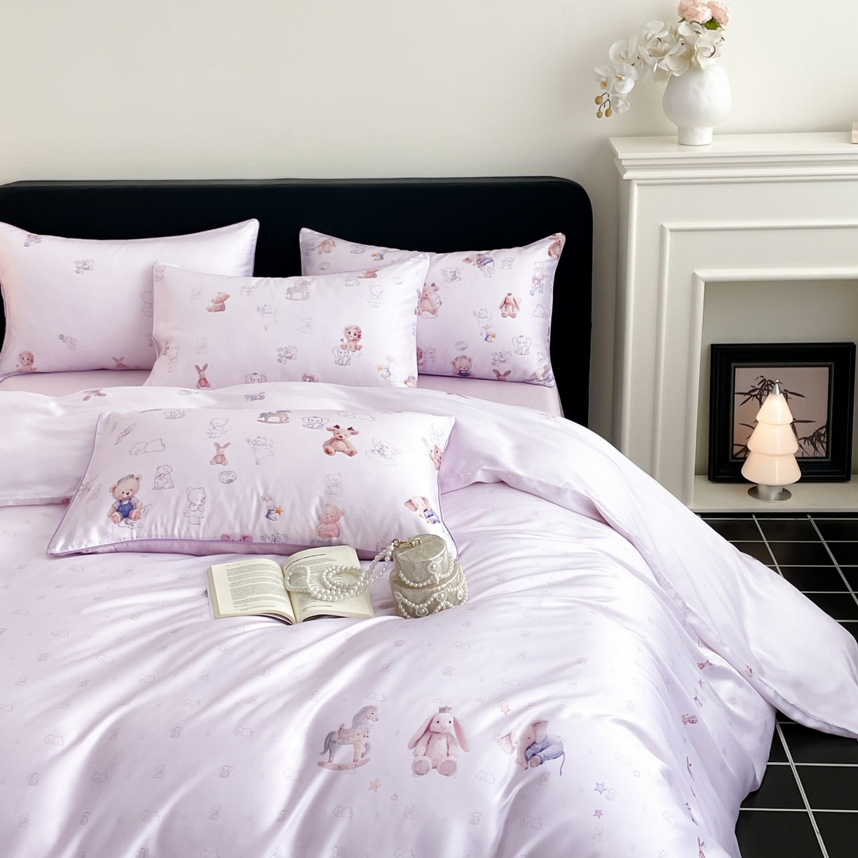 91家纺网 家纺一手货源 找家纺 慕晨 2026新款莱赛尔数码印高级简奢卡通大版印花丝滑被套四件套 木马象--紫