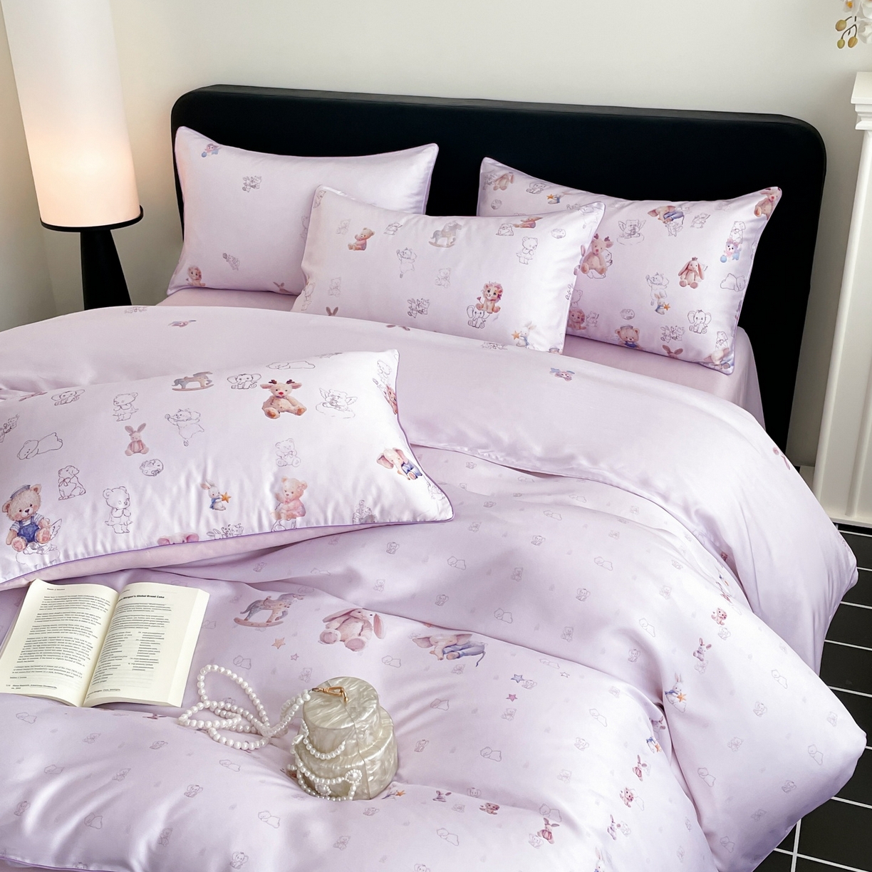 91家纺网 家纺一手货源 找家纺 慕晨 2026新款莱赛尔数码印高级简奢卡通大版印花丝滑被套四件套 木马象--紫