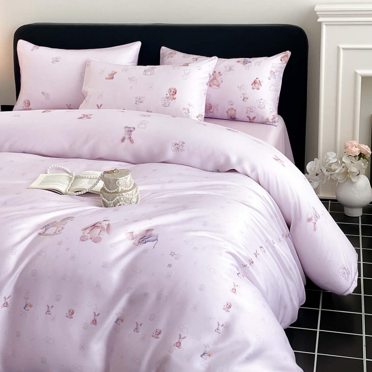 91家纺网 家纺一手货源 找家纺 慕晨 2026新款莱赛尔数码印高级简奢卡通大版印花丝滑被套四件套 木马象--紫