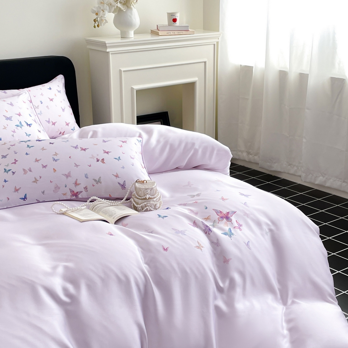 91家纺网 家纺一手货源 找家纺 慕晨 2026新款莱赛尔数码印高级简奢卡通大版印花丝滑被套四件套 蝶舞