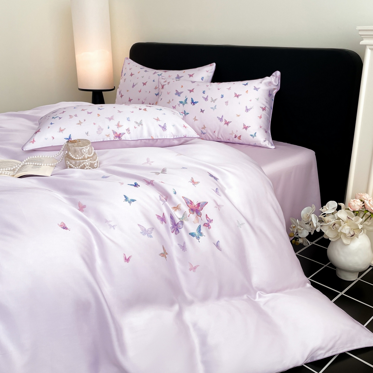 91家纺网 家纺一手货源 找家纺 慕晨 2026新款莱赛尔数码印高级简奢卡通大版印花丝滑被套四件套 蝶舞