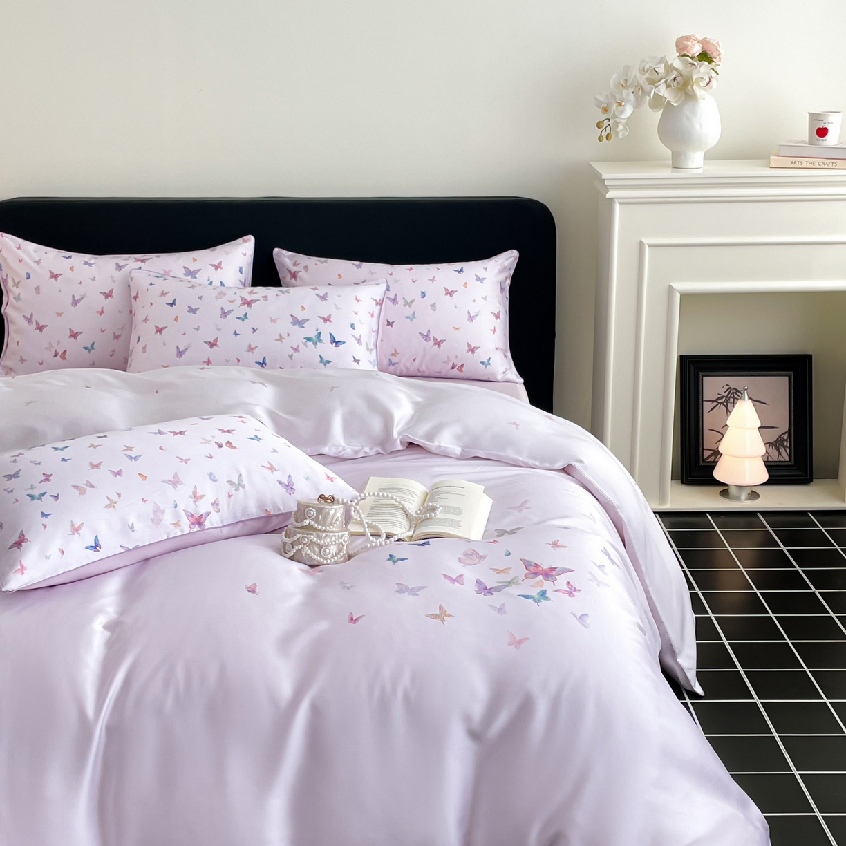 91家纺网 家纺一手货源 找家纺 慕晨 2026新款莱赛尔数码印高级简奢卡通大版印花丝滑被套四件套 蝶舞