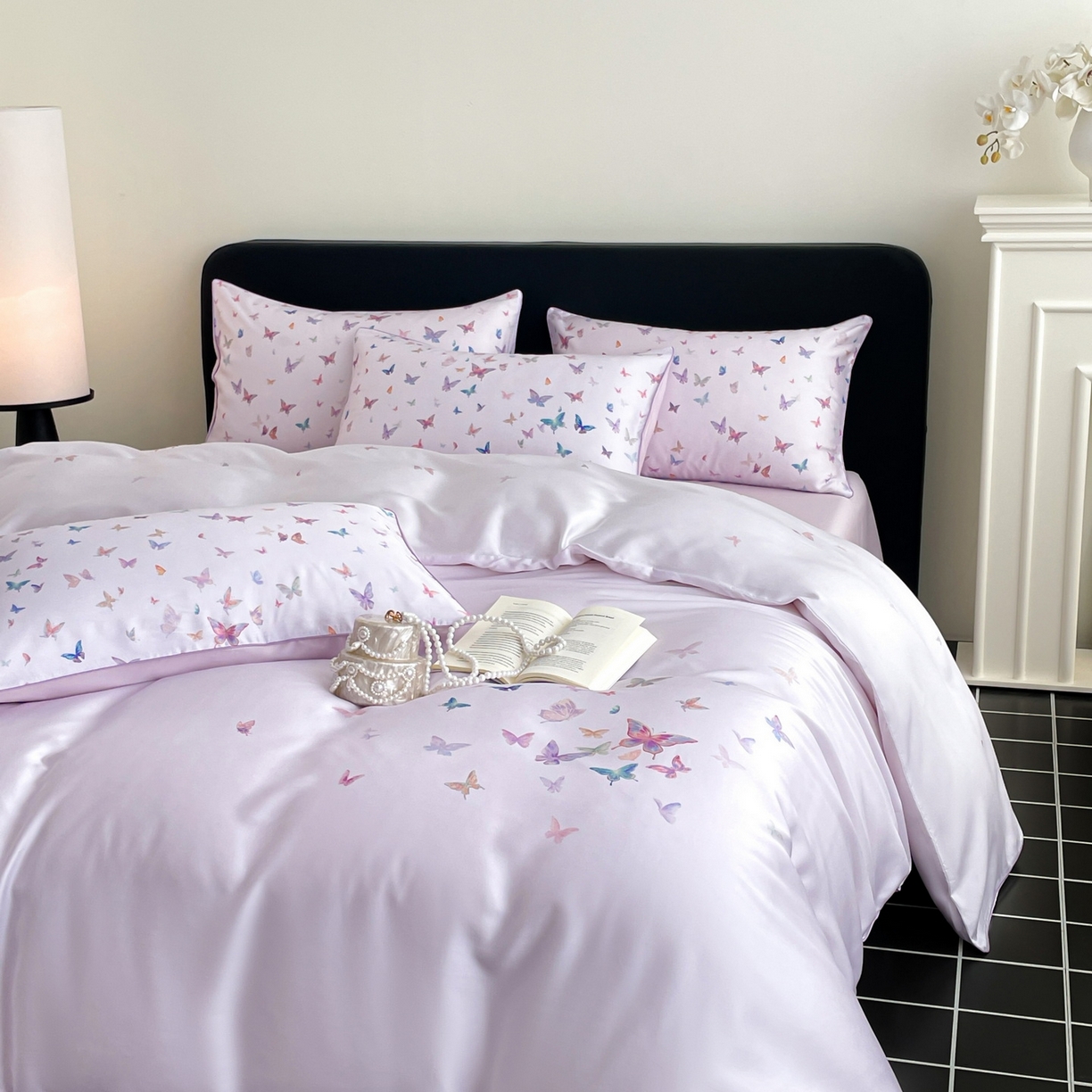 91家纺网 家纺一手货源 找家纺 慕晨 2026新款莱赛尔数码印高级简奢卡通大版印花丝滑被套四件套 蝶舞