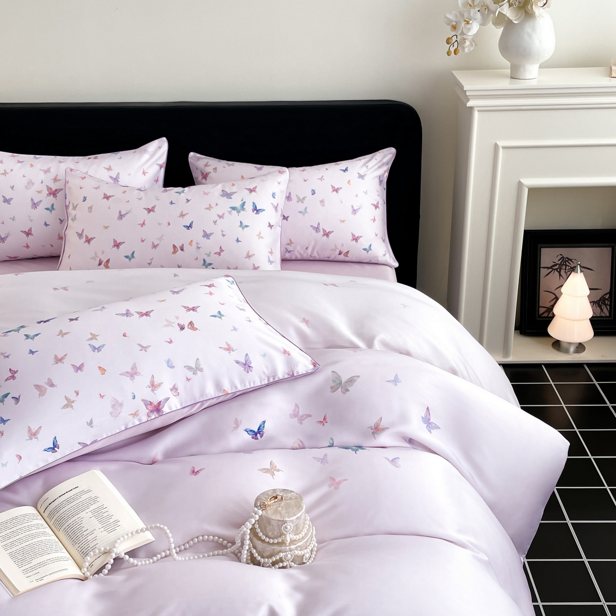 91家纺网 家纺一手货源 找家纺 慕晨 2026新款莱赛尔数码印高级简奢卡通大版印花丝滑被套四件套 蝶舞