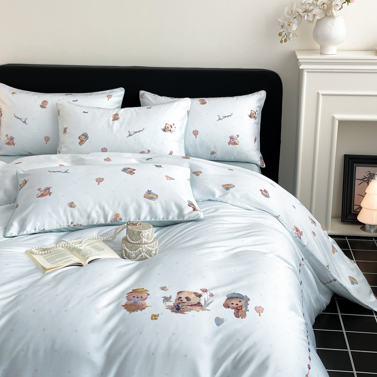 91家纺网 家纺一手货源 找家纺 慕晨 2026新款莱赛尔数码印高级简奢卡通大版印花丝滑被套四件套 三只熊--蓝