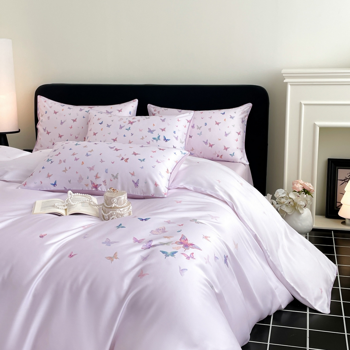 慕晨 2026新款莱赛尔数码印高级简奢卡通大版印花丝滑被套四件套 蝶舞