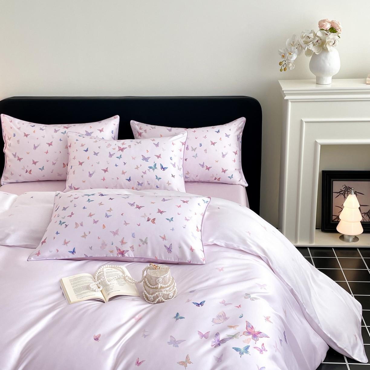 91家纺网 家纺一手货源 找家纺 慕晨 2026新款莱赛尔数码印高级简奢卡通大版印花丝滑被套四件套 蝶舞