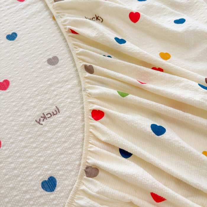 91家纺网 家纺一手货源 找家纺 几禾 2026新款高克重泡芙纱~印花款（单床笠）浅糯系列-110g CL浅糯-微笑彩心