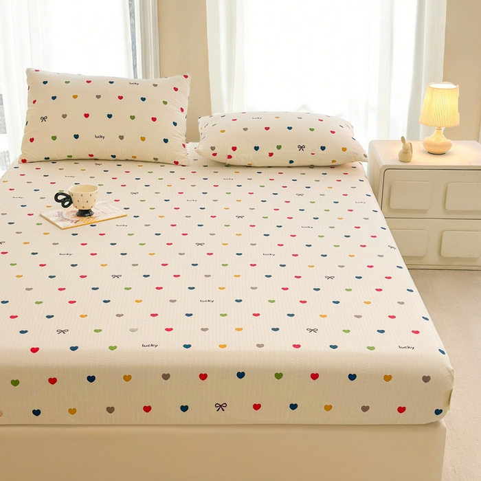 91家纺网 家纺一手货源 找家纺 几禾 2026新款高克重泡芙纱~印花款（单床笠）浅糯系列-110g CL浅糯-微笑彩心