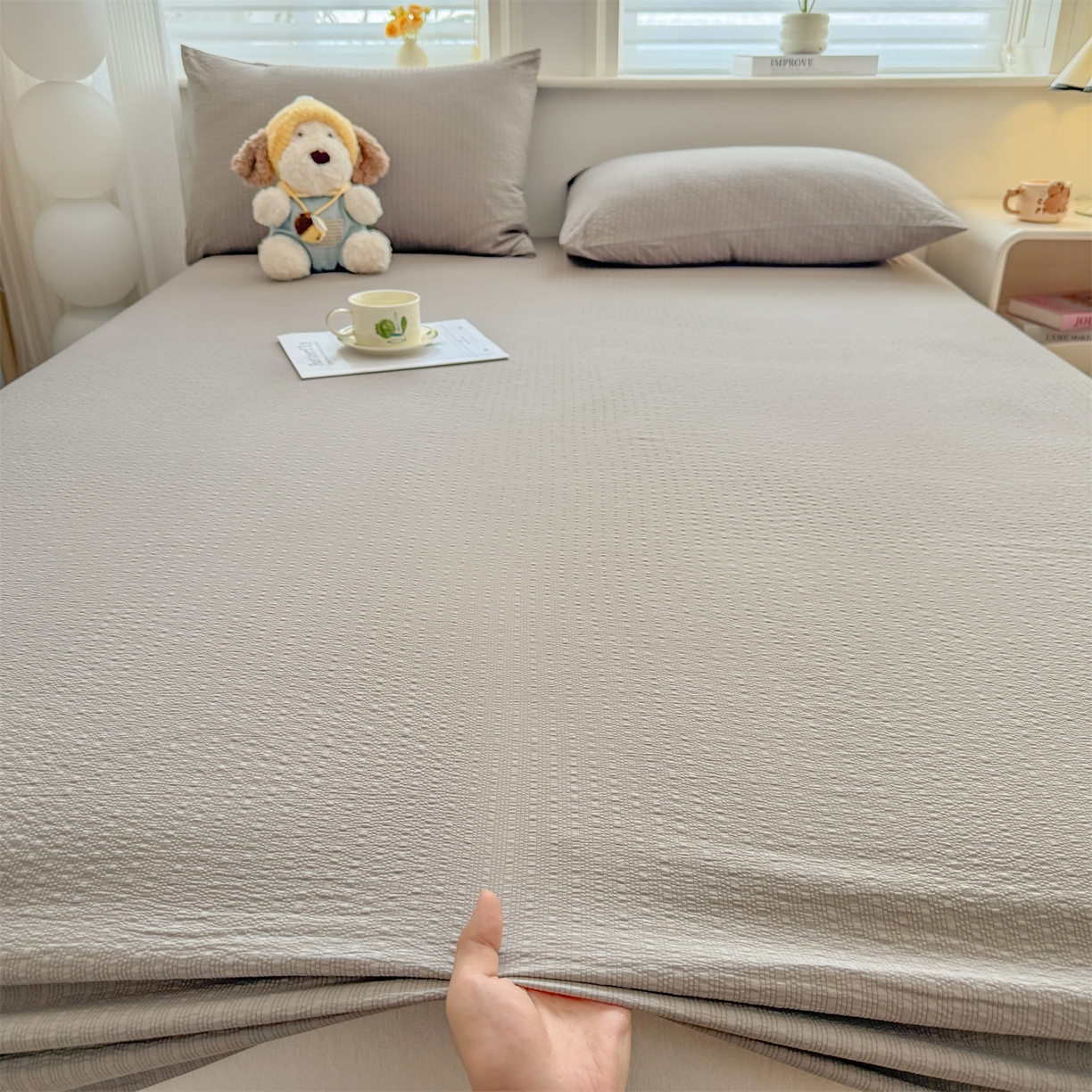 91家纺网 家纺一手货源 找家纺 女子家纺 2026新款亲肤泡芙纱印花床笠单床笠床笠单件 陨石灰