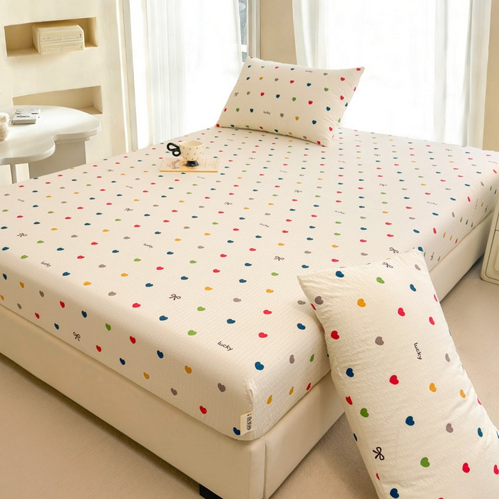 91家纺网 家纺一手货源 找家纺 几禾 2026新款高克重泡芙纱~印花款（单床笠）浅糯系列-110g CL浅糯-微笑彩心