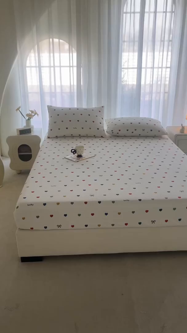 91家纺网 家纺一手货源 找家纺 几禾 2026新款高克重泡芙纱~印花款（单床笠）浅糯系列-110g CL浅糯-微笑彩心