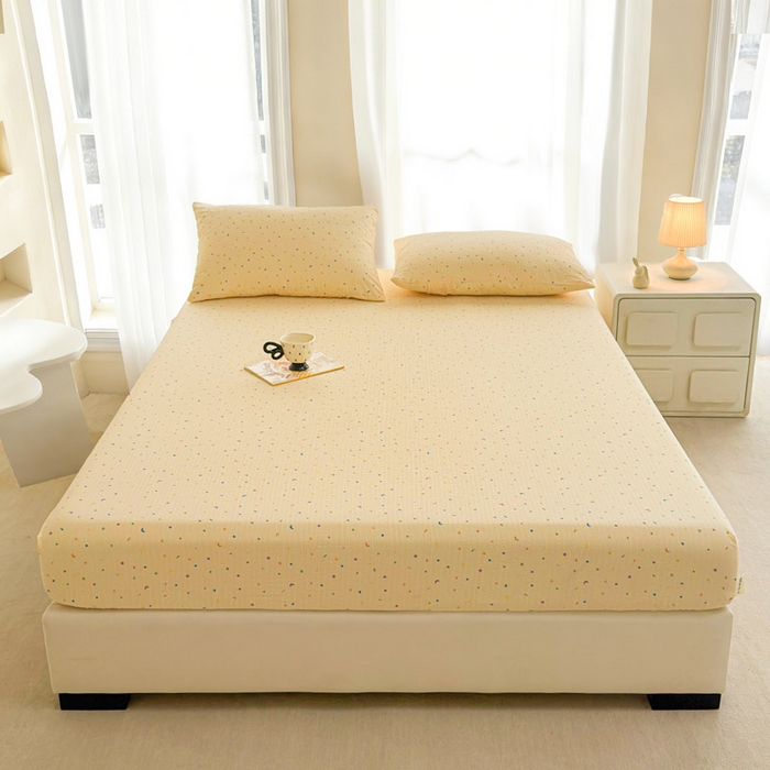 91家纺网 家纺一手货源 找家纺 几禾 2026新款高克重泡芙纱~印花款（单床笠）浅糯系列-110g CL浅糯-星月糖粒