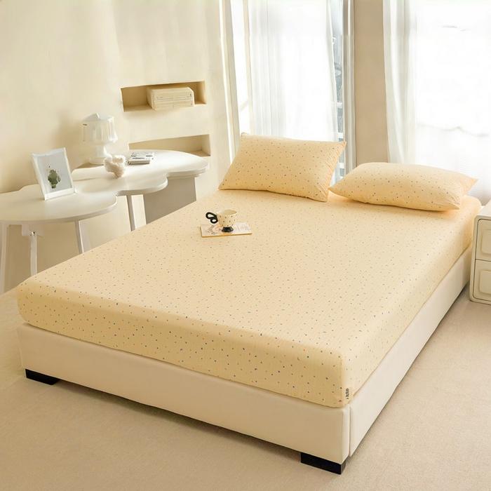 91家纺网 家纺一手货源 找家纺 几禾 2026新款高克重泡芙纱~印花款（单床笠）浅糯系列-110g CL浅糯-星月糖粒