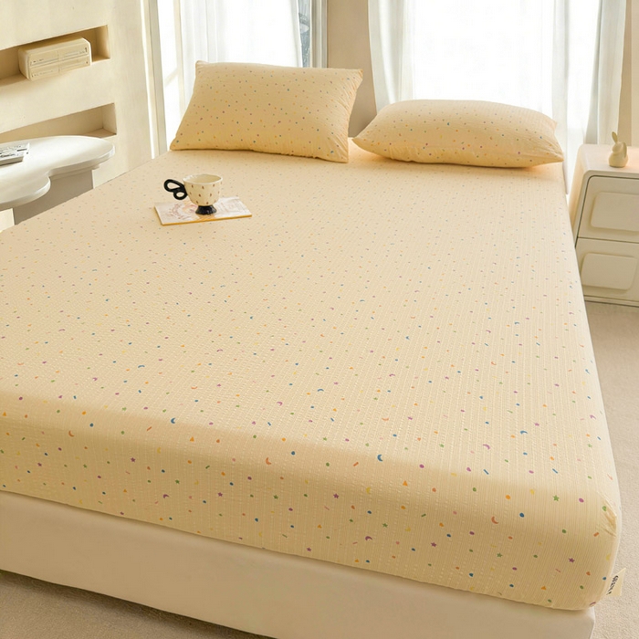 91家纺网 家纺一手货源 找家纺 几禾 2026新款高克重泡芙纱~印花款（单床笠）浅糯系列-110g CL浅糯-星月糖粒