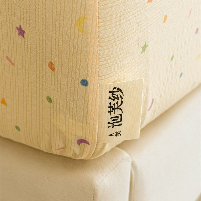 91家纺网 家纺一手货源 找家纺 几禾 2026新款高克重泡芙纱~印花款（单床笠）浅糯系列-110g CL浅糯-星月糖粒