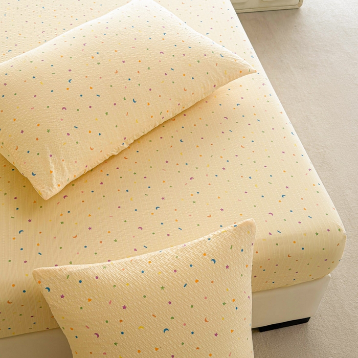 91家纺网 家纺一手货源 找家纺 几禾 2026新款高克重泡芙纱~印花款（单床笠）浅糯系列-110g CL浅糯-星月糖粒