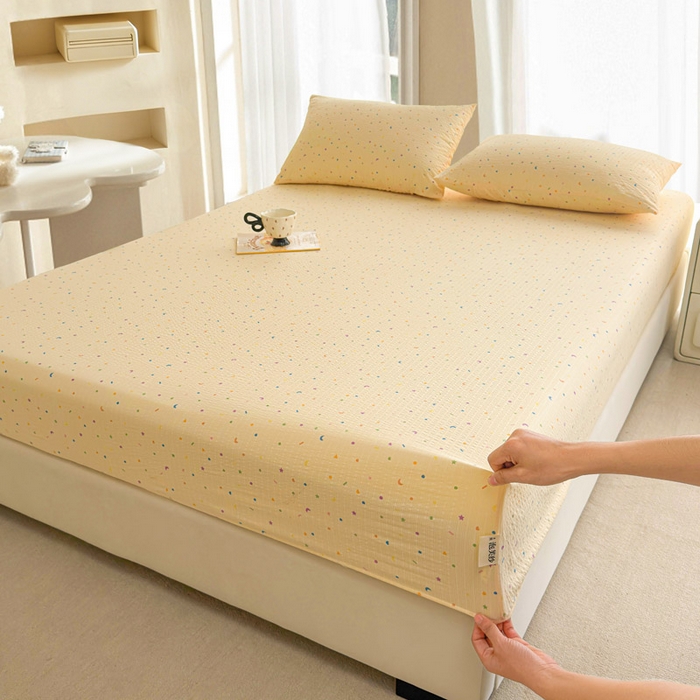 91家纺网 家纺一手货源 找家纺 几禾 2026新款高克重泡芙纱~印花款（单床笠）浅糯系列-110g CL浅糯-星月糖粒