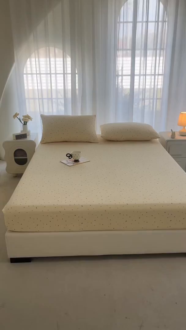 91家纺网 家纺一手货源 找家纺 几禾 2026新款高克重泡芙纱~印花款（单床笠）浅糯系列-110g CL浅糯-星月糖粒