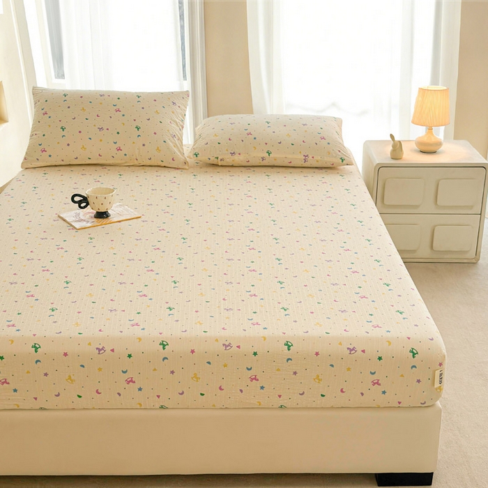 91家纺网 家纺一手货源 找家纺 几禾 2026新款高克重泡芙纱~印花款（单床笠）浅糯系列-110g CL浅糯-摇摇木马