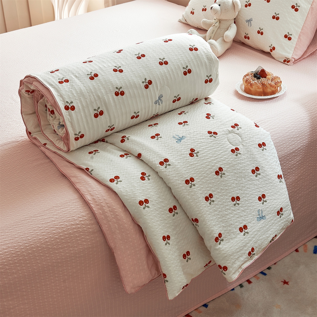 铺尚美家纺 2026新款泡芙棉夏被四件套泡芙纱单夏被空调被夏凉被-印花 红樱桃