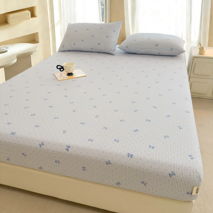 91家纺网 家纺一手货源 找家纺 几禾 2026新款高克重泡芙纱~印花款（单床笠）浅糯系列-110g CL浅糯-予诗蓝