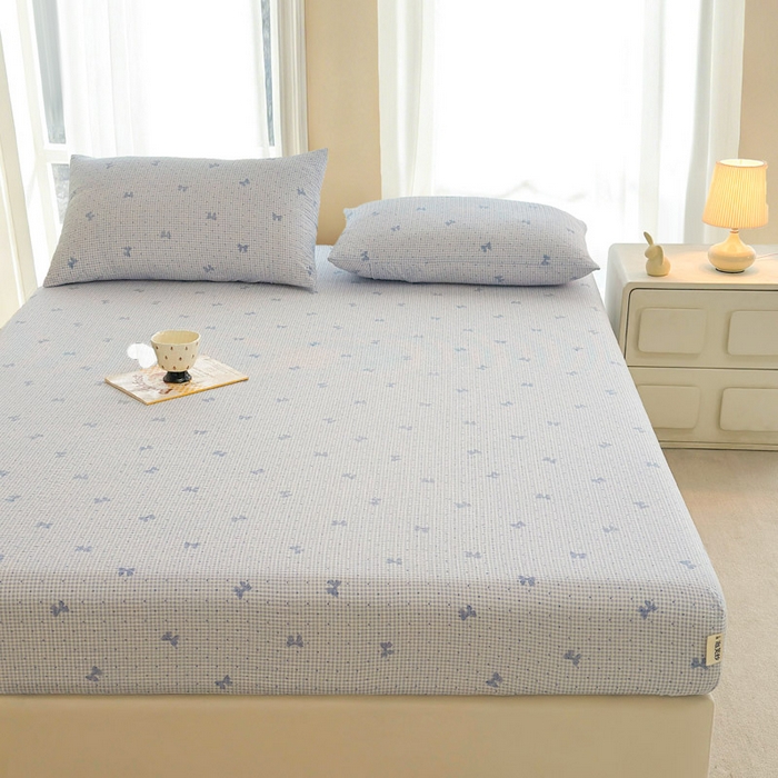 91家纺网 家纺一手货源 找家纺 几禾 2026新款高克重泡芙纱~印花款（单床笠）浅糯系列-110g CL浅糯-予诗蓝