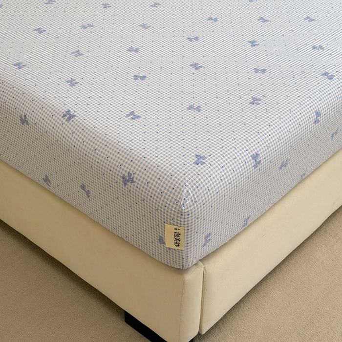 91家纺网 家纺一手货源 找家纺 几禾 2026新款高克重泡芙纱~印花款（单床笠）浅糯系列-110g CL浅糯-予诗蓝