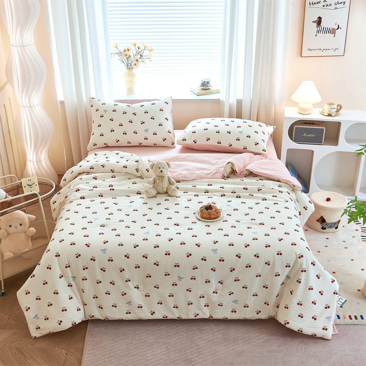 91家纺网 家纺一手货源 找家纺 铺尚美家纺 2026新款泡芙棉夏被四件套泡芙纱单夏被空调被夏凉被-印花 红樱桃