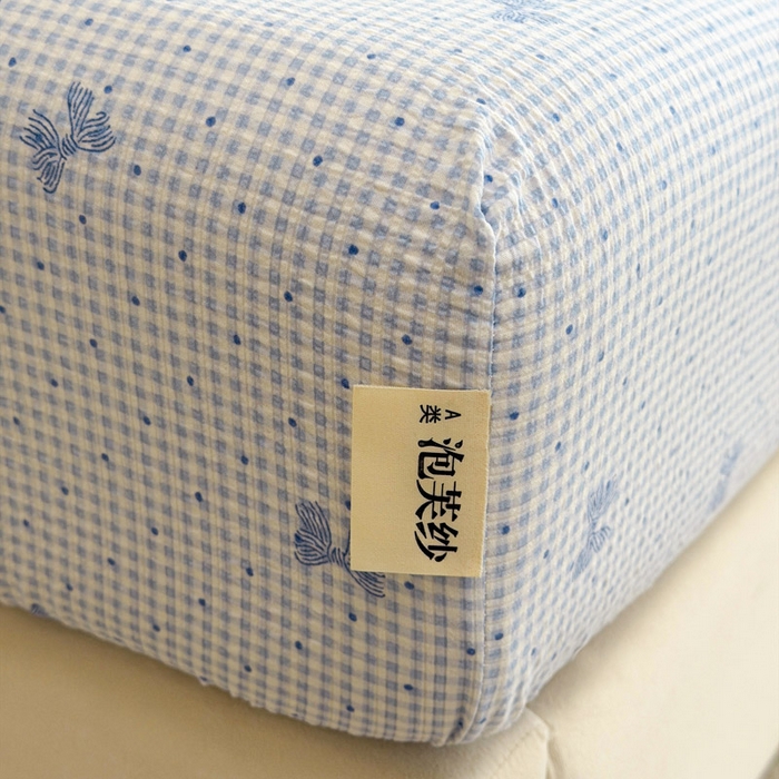 91家纺网 家纺一手货源 找家纺 几禾 2026新款高克重泡芙纱~印花款（单床笠）浅糯系列-110g CL浅糯-予诗蓝