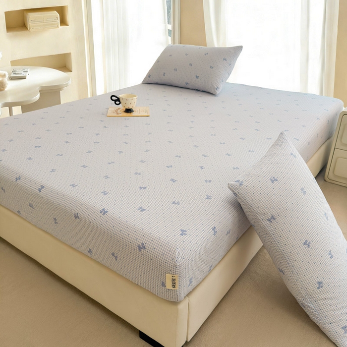 91家纺网 家纺一手货源 找家纺 几禾 2026新款高克重泡芙纱~印花款（单床笠）浅糯系列-110g CL浅糯-予诗蓝