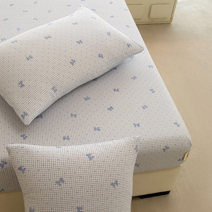 91家纺网 家纺一手货源 找家纺 几禾 2026新款高克重泡芙纱~印花款（单床笠）浅糯系列-110g CL浅糯-予诗蓝