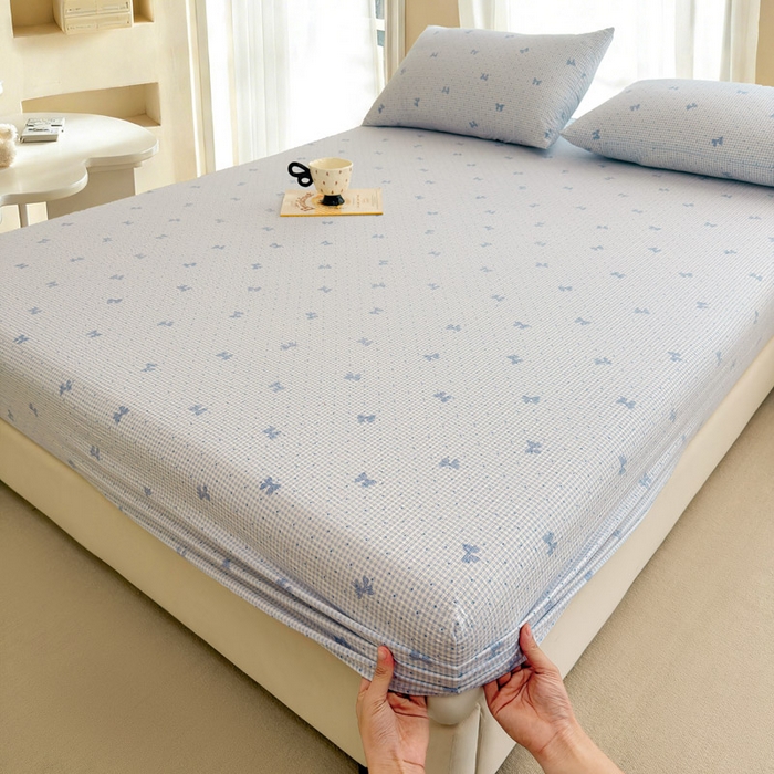 91家纺网 家纺一手货源 找家纺 几禾 2026新款高克重泡芙纱~印花款（单床笠）浅糯系列-110g CL浅糯-予诗蓝