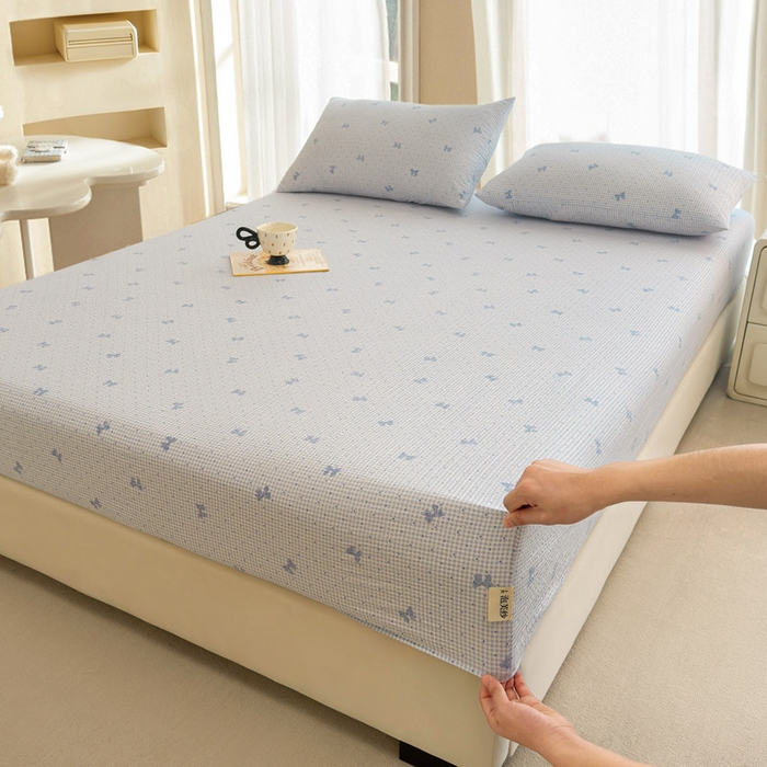 91家纺网 家纺一手货源 找家纺 几禾 2026新款高克重泡芙纱~印花款（单床笠）浅糯系列-110g CL浅糯-予诗蓝