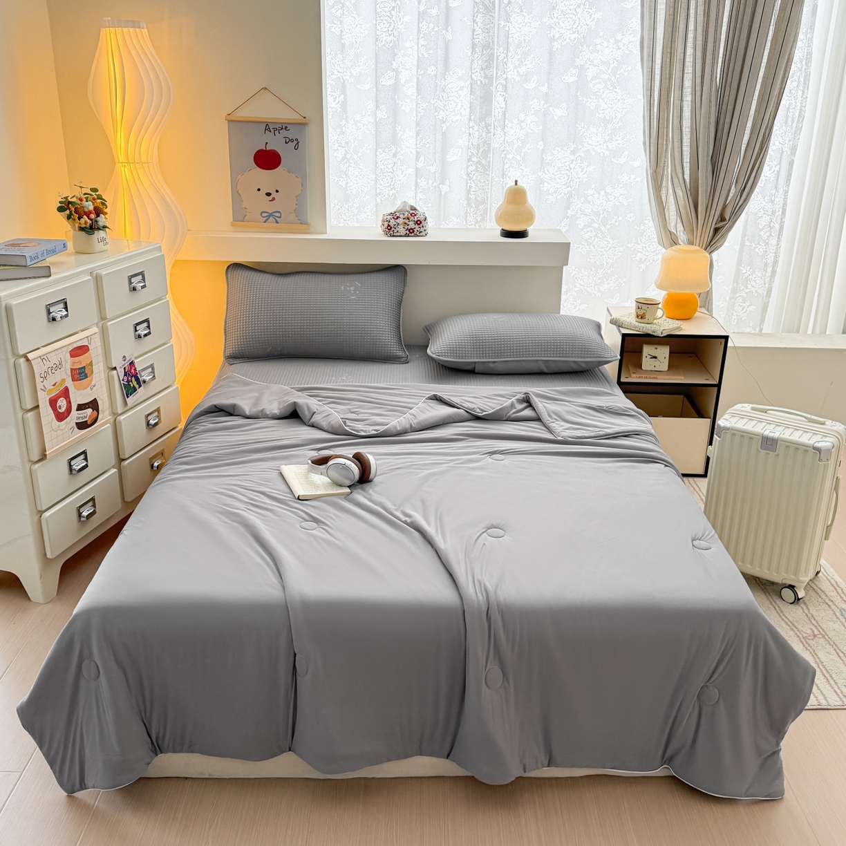 欧邦 2026新款华夫格小熊系列凉感冰豆豆凉席绑带款夏被套件 小熊极致灰