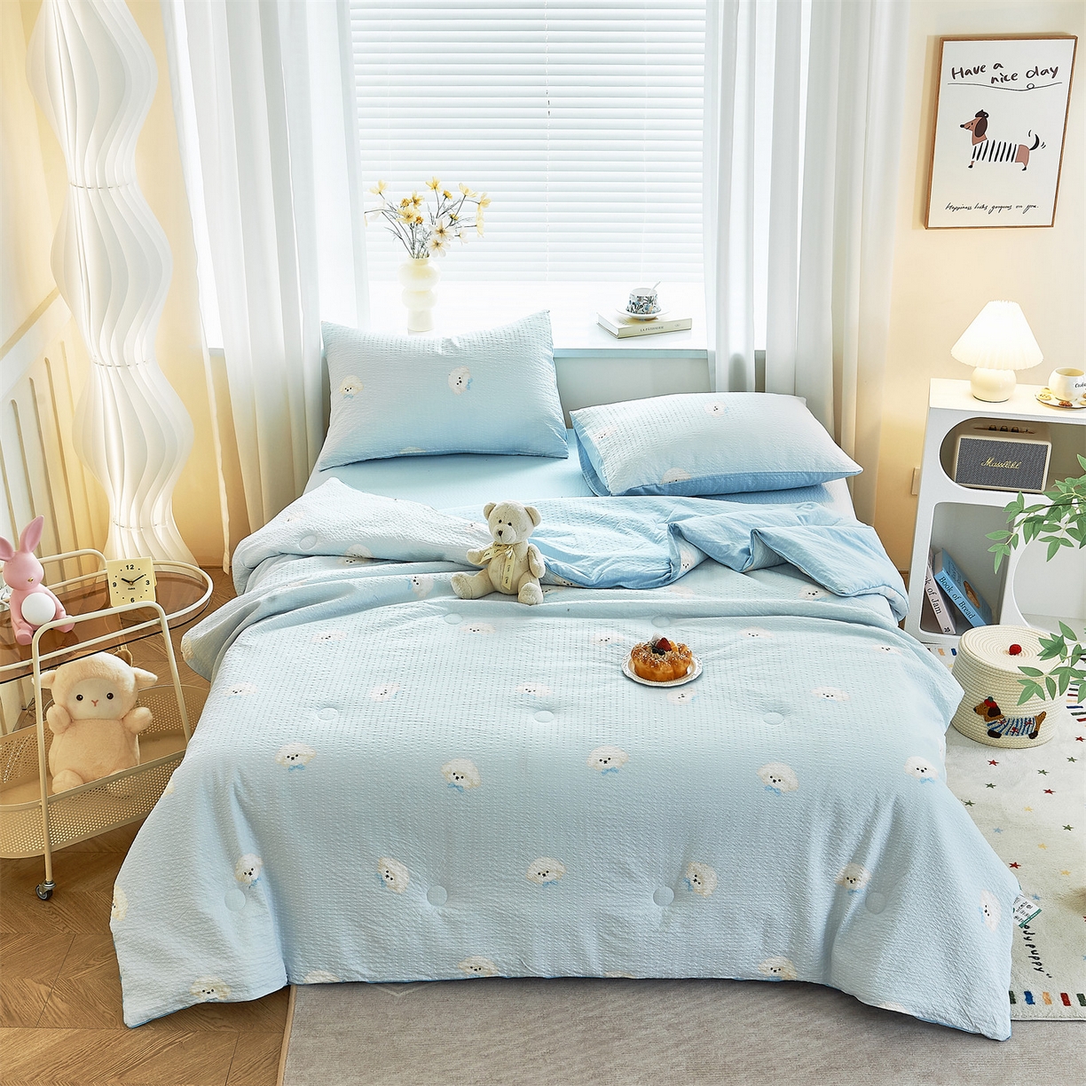 91家纺网 家纺一手货源 找家纺 铺尚美家纺 2026新款泡芙棉夏被四件套泡芙纱单夏被空调被夏凉被-印花 蓝领结狗