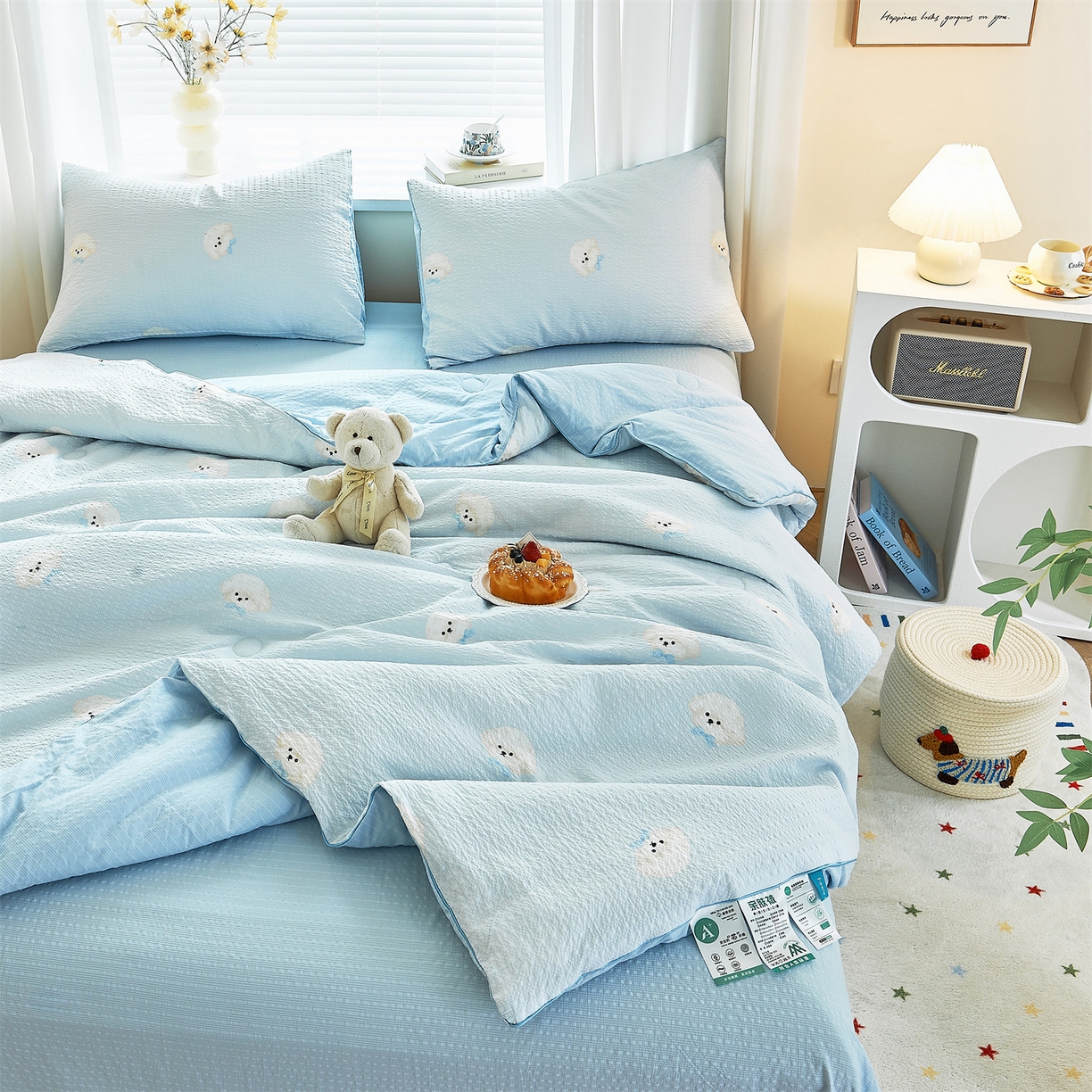 91家纺网 家纺一手货源 找家纺 铺尚美家纺 2026新款泡芙棉夏被四件套泡芙纱单夏被空调被夏凉被-印花 蓝领结狗