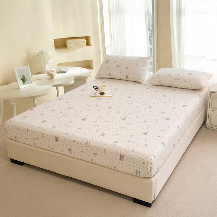 91家纺网 家纺一手货源 找家纺 几禾 2026新款高克重泡芙纱~印花款（单床笠）浅糯系列-110g CL浅糯-悦悦小兔