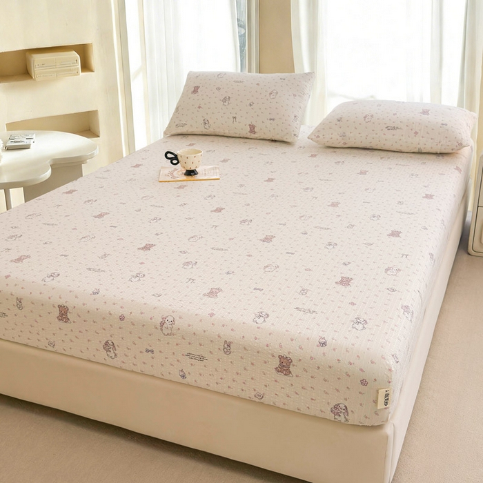 91家纺网 家纺一手货源 找家纺 几禾 2026新款高克重泡芙纱~印花款（单床笠）浅糯系列-110g CL浅糯-悦悦小兔