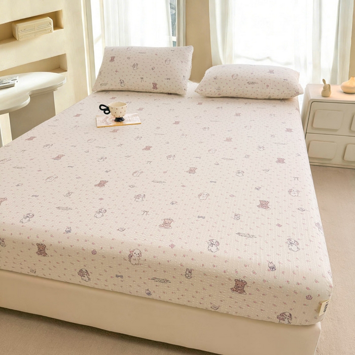 91家纺网 家纺一手货源 找家纺 几禾 2026新款高克重泡芙纱~印花款（单床笠）浅糯系列-110g CL浅糯-悦悦小兔