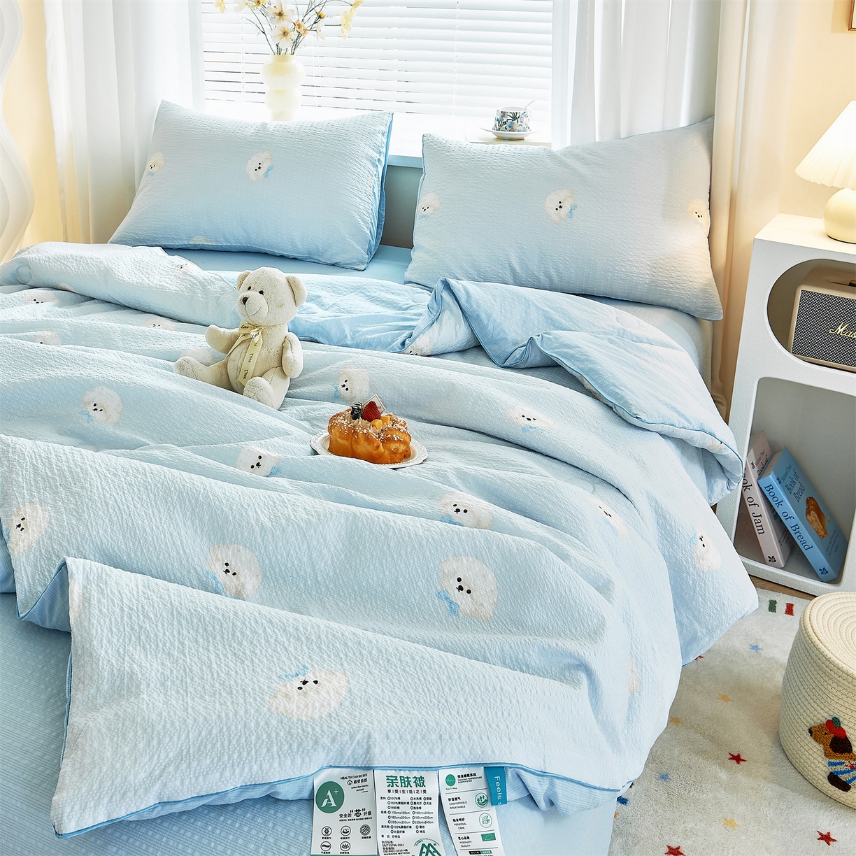 91家纺网 家纺一手货源 找家纺 铺尚美家纺 2026新款泡芙棉夏被四件套泡芙纱单夏被空调被夏凉被-印花 蓝领结狗