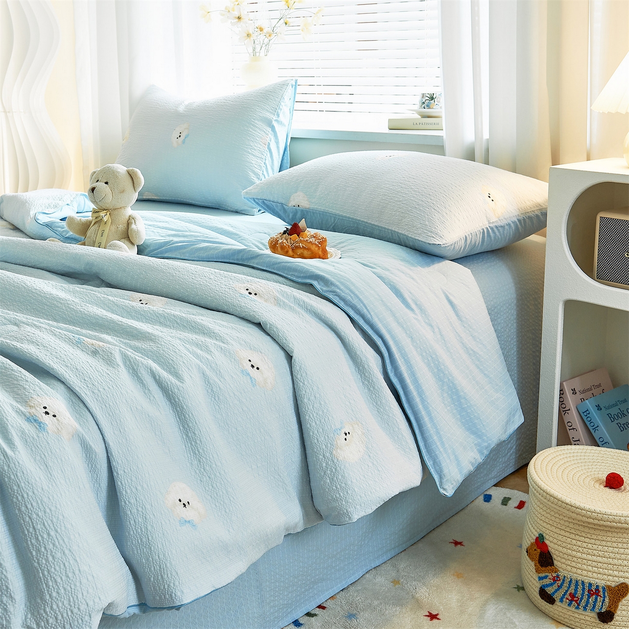 91家纺网 家纺一手货源 找家纺 铺尚美家纺 2026新款泡芙棉夏被四件套泡芙纱单夏被空调被夏凉被-印花 蓝领结狗