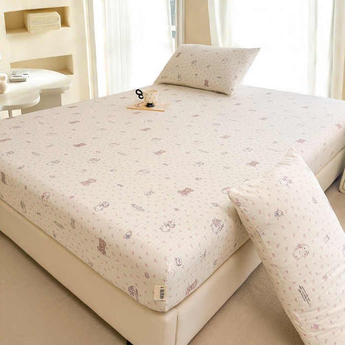 91家纺网 家纺一手货源 找家纺 几禾 2026新款高克重泡芙纱~印花款（单床笠）浅糯系列-110g CL浅糯-悦悦小兔