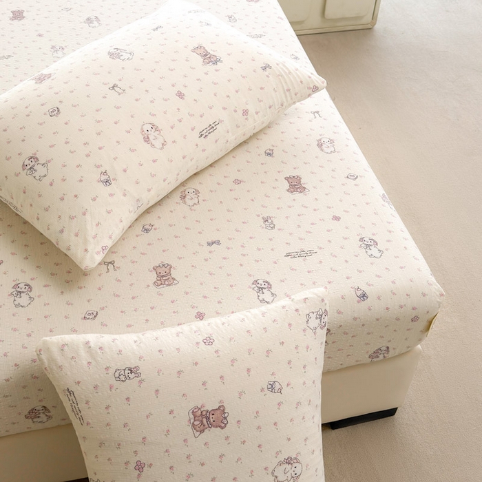 91家纺网 家纺一手货源 找家纺 几禾 2026新款高克重泡芙纱~印花款（单床笠）浅糯系列-110g CL浅糯-悦悦小兔