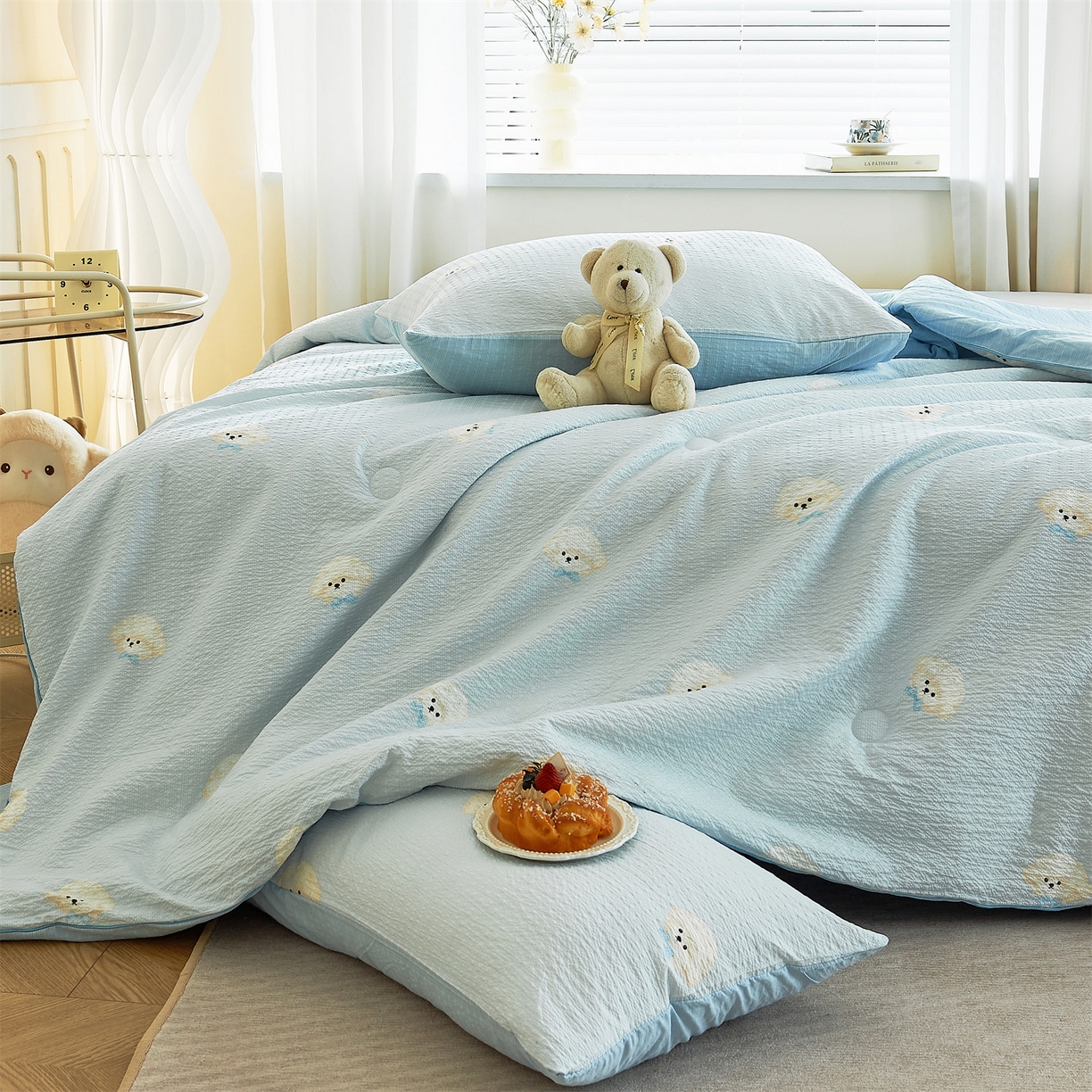 91家纺网 家纺一手货源 找家纺 铺尚美家纺 2026新款泡芙棉夏被四件套泡芙纱单夏被空调被夏凉被-印花 蓝领结狗