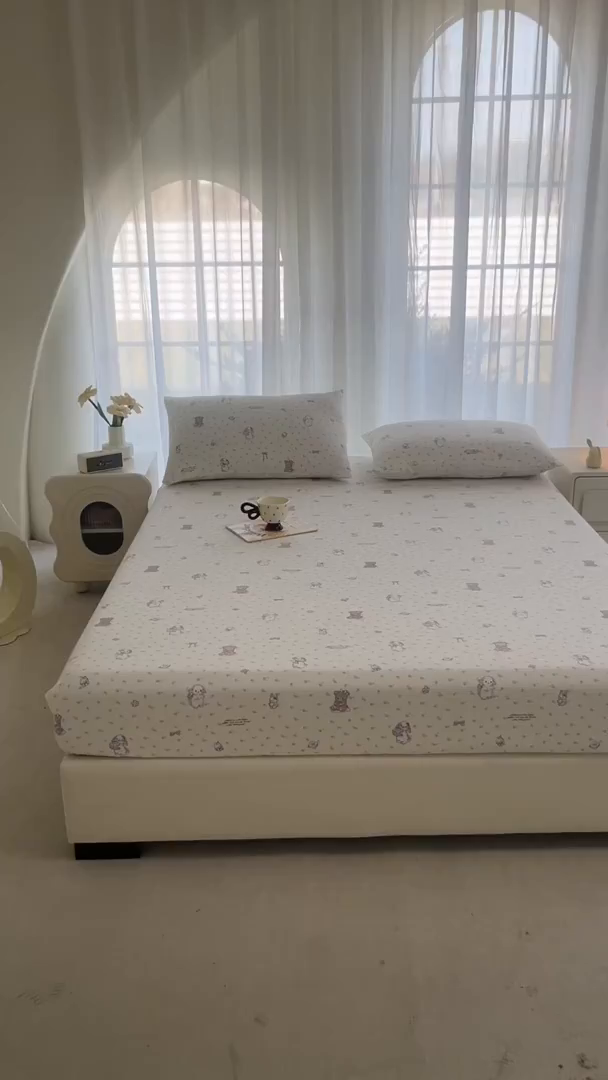 91家纺网 家纺一手货源 找家纺 几禾 2026新款高克重泡芙纱~印花款（单床笠）浅糯系列-110g CL浅糯-悦悦小兔